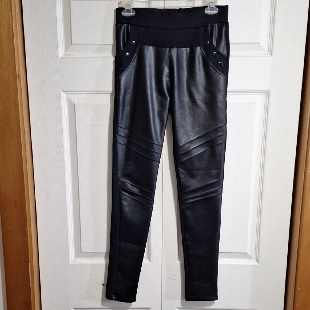 Julia Sleek Black Faux Leather Motogirl Leggings-L/XL